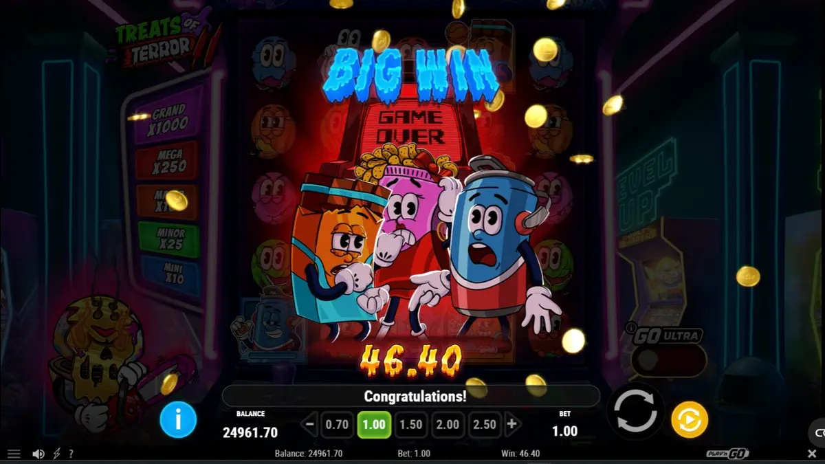 Tampilan visual neon retro dari slot Treats of Terror 2 dengan elemen horor arcade.