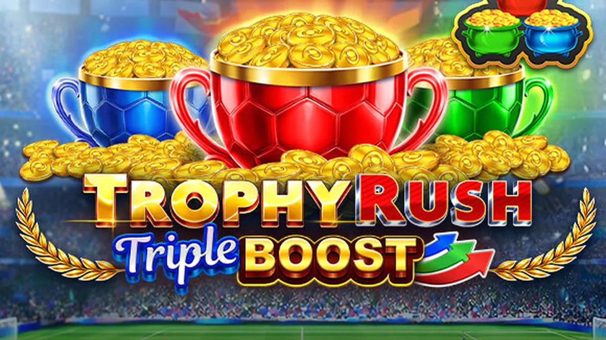 Trophy Rush Triple Boost slot machine interface featuring golden coins and stadium lights.